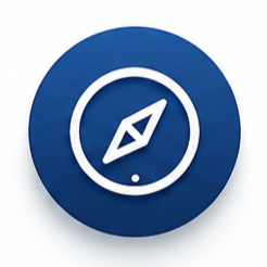 Blue circular icon with a white compass symbol inside