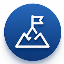 Blue circular icon with a white mountain and flag