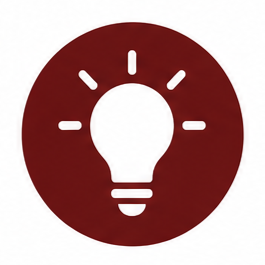 Lightbulb icon with rays emanating from it on a red circular background.