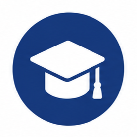Icon of a graduation cap with a diploma, in white, inside a dark blue circle.