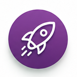 Icon of a rocket ship within a purple circle.