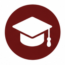 White graduation cap icon on a maroon circular background.