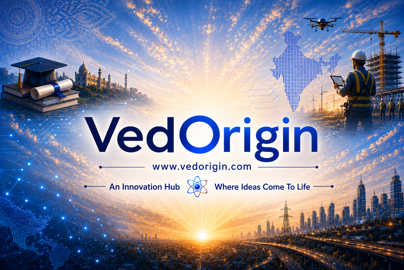 Digital collage featuring a sunset over a city skyline with wind turbines, a construction worker with a tablet, a drone, a globe with digital network lines, a scholarship cap on a stack of books, and the text 'VedOrigin' with website 'www.vedorigin.com', tagline 'An Innovation Hub Where Ideas Come To Life'.