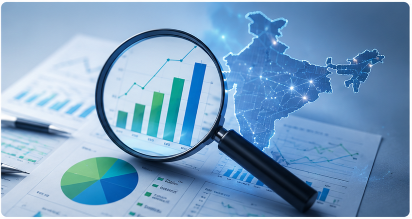 Data charts and analysis representing research into emerging sectors, opportunity landscapes and innovation trends in India.
