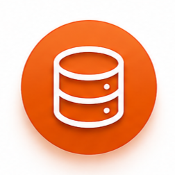Orange circular icon with a white database symbol in the center.