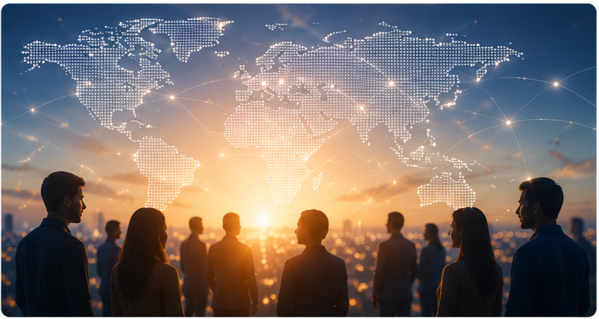 People gathered beneath a connected world map, representing diverse voices from communities, academia, industry and innovators.