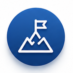 Blue circular icon with a white outline of a mountain, a flag on top of the peak.