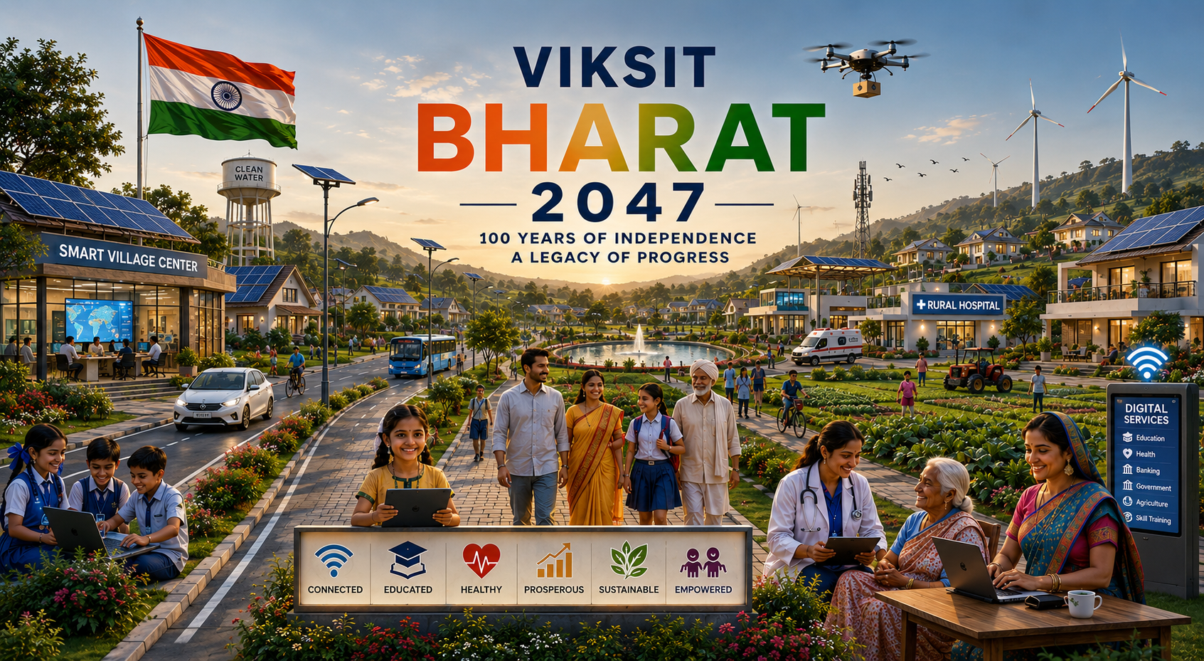 Vision of Viksit Bharat 2047 showing a connected, educated, healthy, prosperous, sustainable and empowered India.