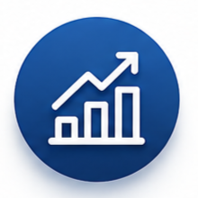 Blue circular icon with a white upward trending graph and bar chart