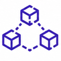 Graphic of three interconnected cubes connected by dotted lines, representing a network or blockchain concept.