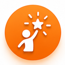 An icon of a person reaching up towards a star with sparkles, on an orange circular background.
