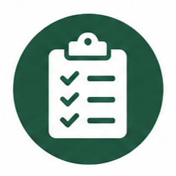 White checklist icon on a dark green circular background
