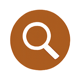 Magnifying glass icon over a circular brown background.
