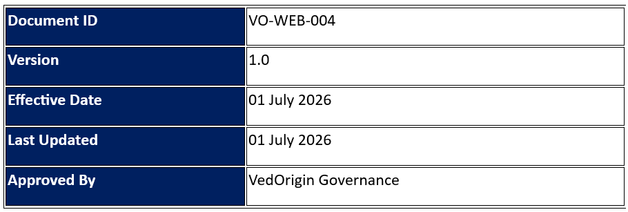VedOrigin Disclaimer document showing its document ID, version, effective date, last updated date, and approval authority.
