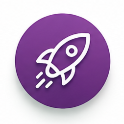 Purple circular icon with a white rocket illustration