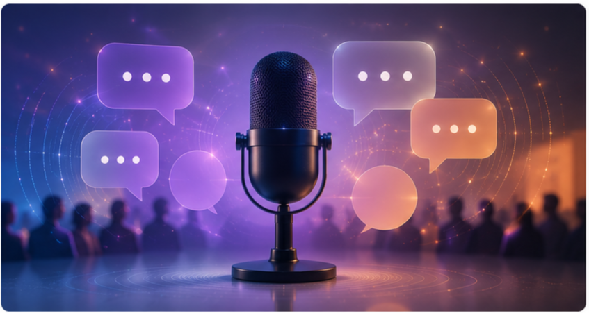 Microphone and conversation symbols representing discussions among innovators and changemakers shaping the future.