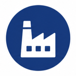 A blue circular logo featuring a white factory icon with a chimney and three windows.