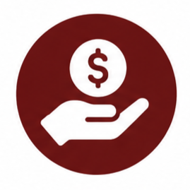 Icon of a hand holding a coin with a dollar sign, on a dark red circular background.