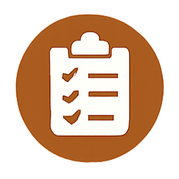 Icon of a clipboard with a checklist and three checked items, on a brown circular background.