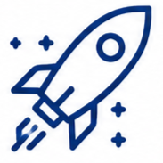 Simple blue line drawing of a rocket launching with stars around it.
