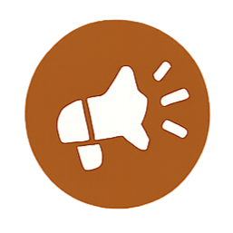 A white loudspeaker icon with sound waves on a brown circular background.
