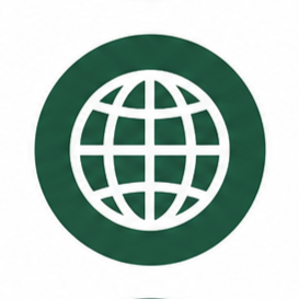 Green circular icon with a white globe symbol inside