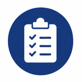 White checklist icon on blue circular background