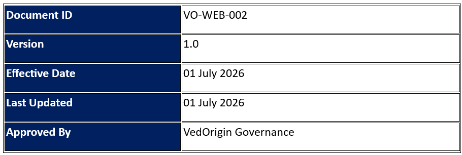 VedOrigin Terms of Use document showing its document ID, version, effective date, last updated date, and approval authority.