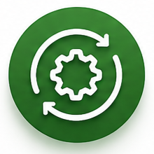 Green circular icon with white gear and two arrows forming a circle around it, symbolizing system update or refresh.