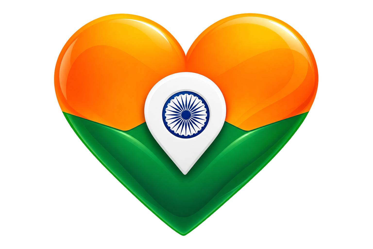 A heart-shaped graphic in the colors of the Indian flag with a location pin featuring the Indian national emblem in the center, symbolizing love or connection to India.