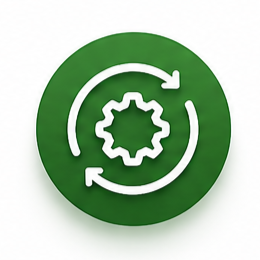 Green circular icon with white gear in the center and two curved arrows forming a circle around it, representing process automation or system refresh.