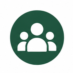 Green circular icon with white silhouettes of four people, representing a group.