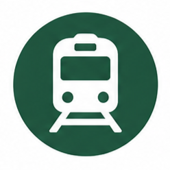 Green circular sign with a white silhouette of a train.