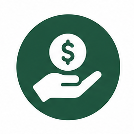 Green circle with a white hand holding a dollar sign inside a white circle