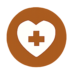 A medkit icon with a white heart and a brown cross on a brown circular background.