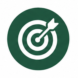 Green circle with a white target and arrow hitting the bullseye, symbolizing goal achievement or focus.