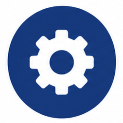 Blue circular icon with a white gear symbol in the center