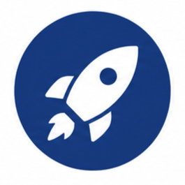 White rocket icon inside a blue circle
