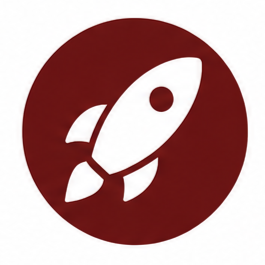 White rocket icon on a red circular background