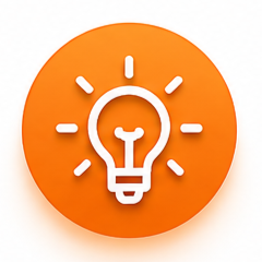 Orange background with a white light bulb icon and rays indicating an idea or innovation.