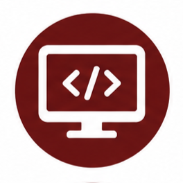 Computer monitor icon with code brackets inside, on a red circular background.
