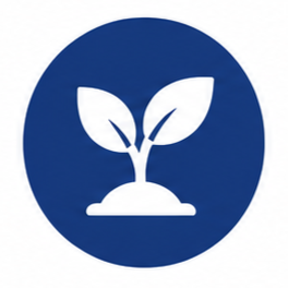 Icon of a young plant with two leaves growing from soil inside a blue circle.