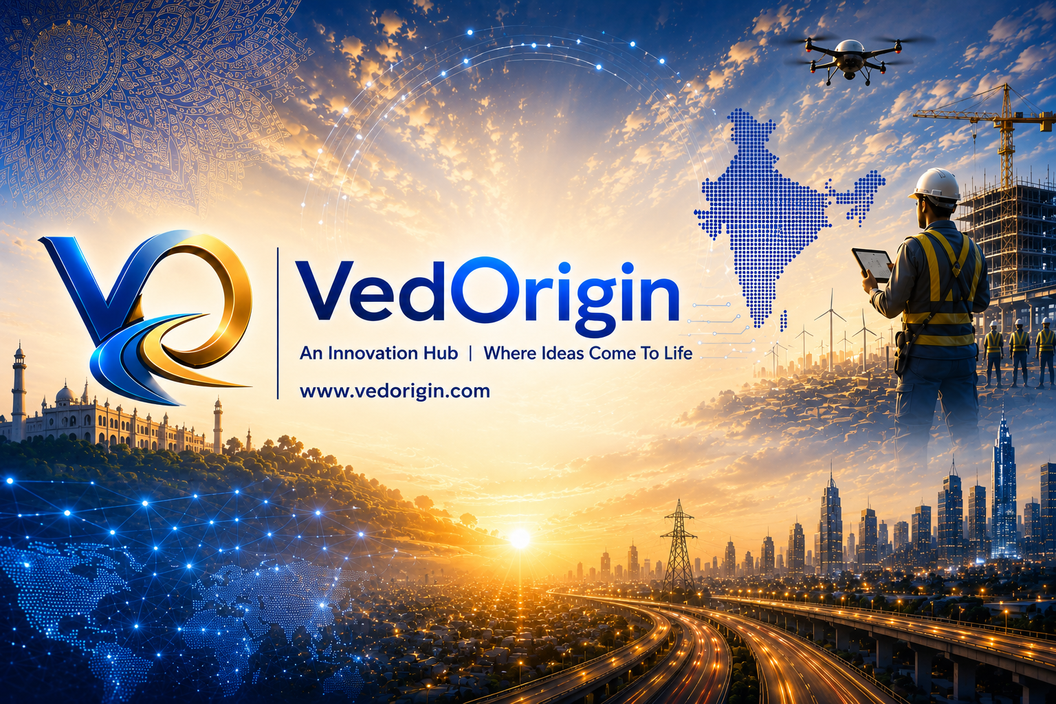 VedOrigin brand visual representing innovation, technology and India's journey toward a prosperous future.