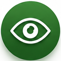 White eye symbol on green circular background