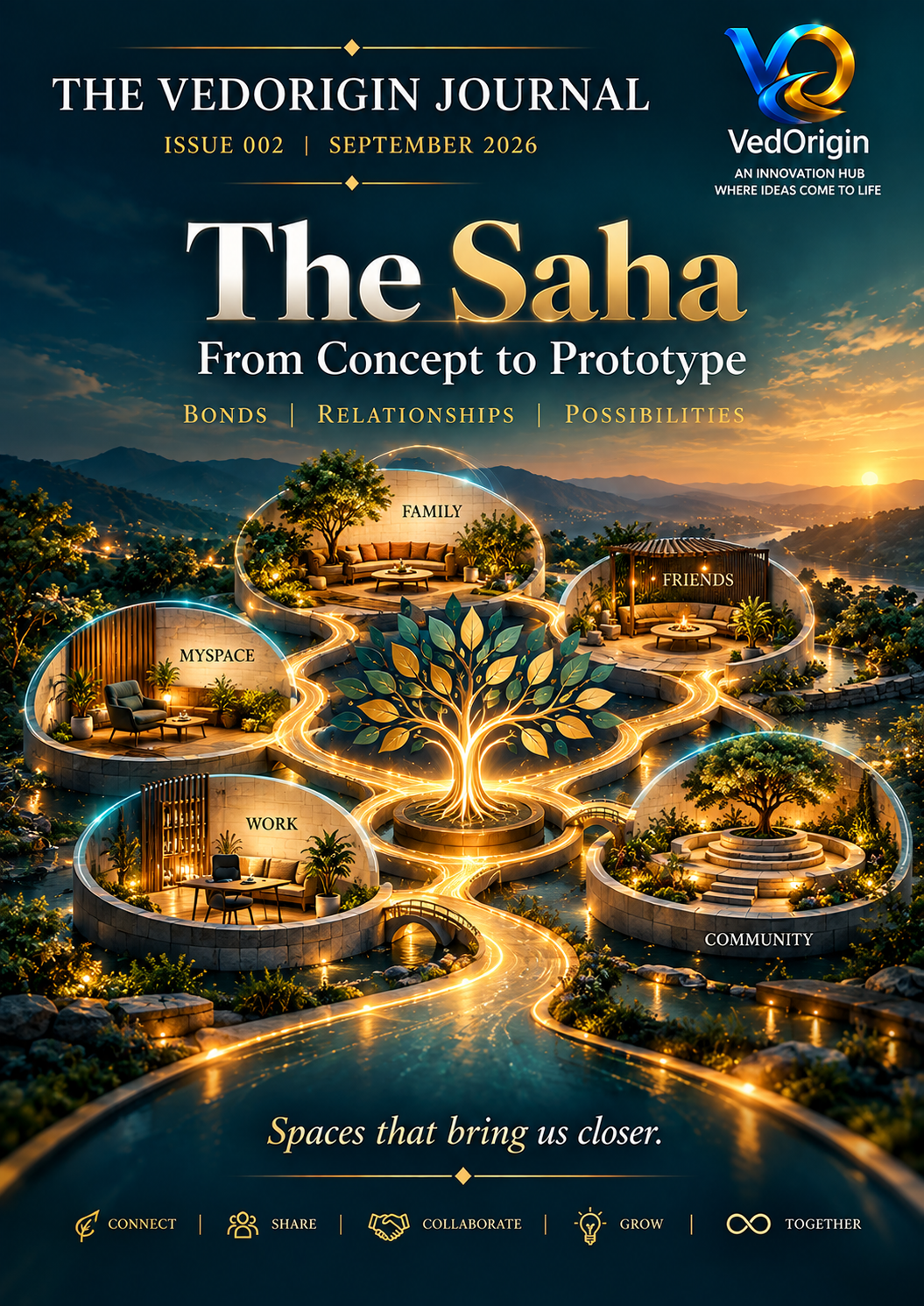 Cover of The VedOrigin Journal, Issue 002, September 2026, featuring The Saha: From Concept to Prototype, with connected spaces for MySpace, family, friends, work and community.