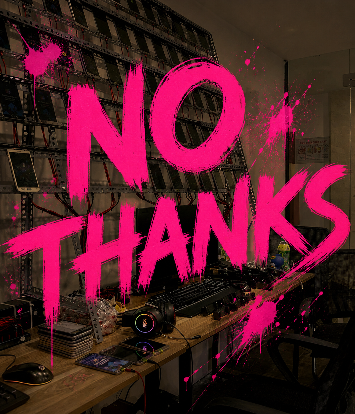 A computer setup in an office with multiple electronic devices, headphones, and a shelf of mobile phones behind a glass wall. Overlaid with bright pink graffiti-style text that reads "NO THANKS" with paint splatter effects.