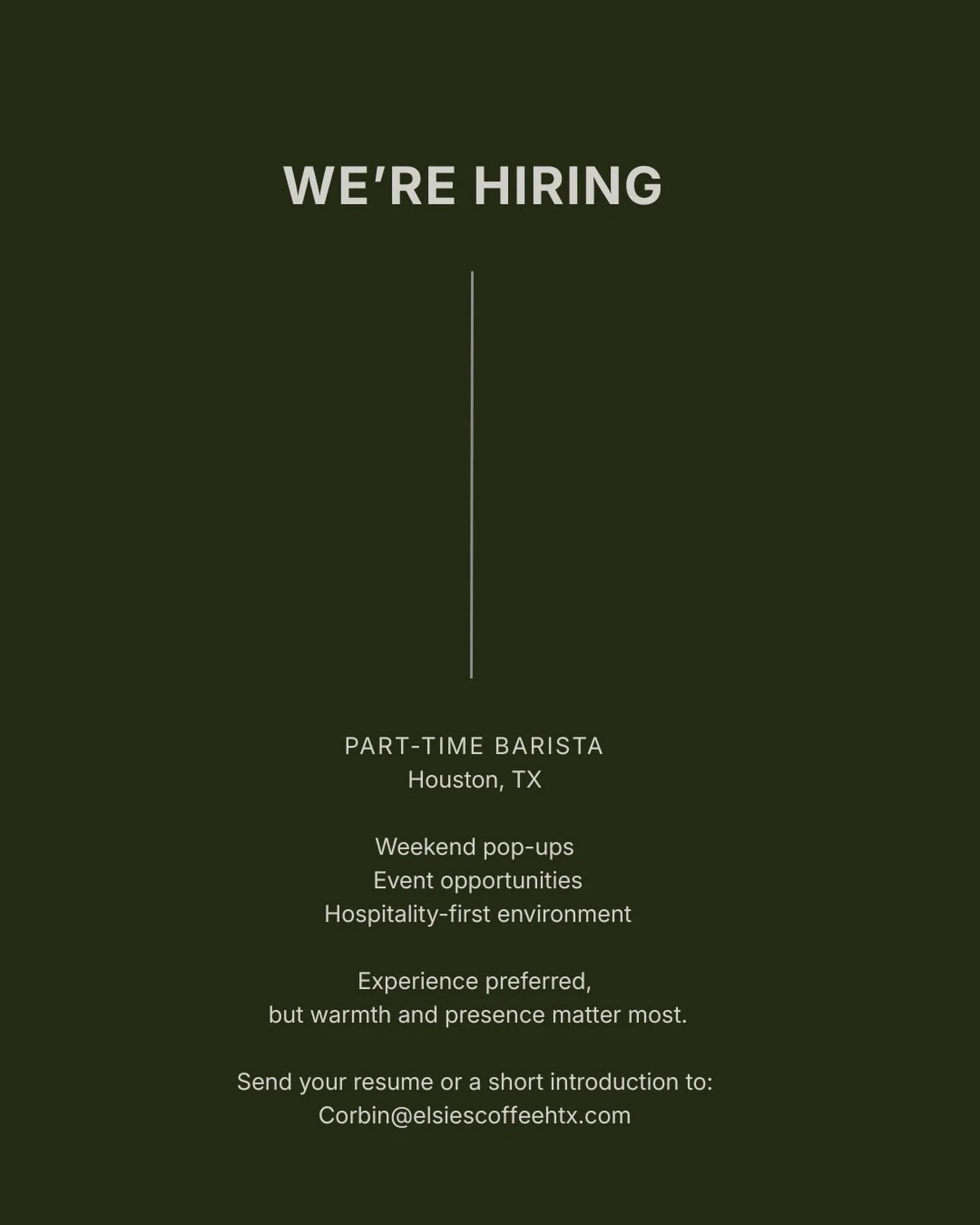 Slowly building something thoughtful.

We&rsquo;re looking for someone who understands that hospitality is more than serving coffee &mdash; it&rsquo;s creating a feeling people want to return to.

Weekend pop-ups, intimate gatherings, and spaces buil