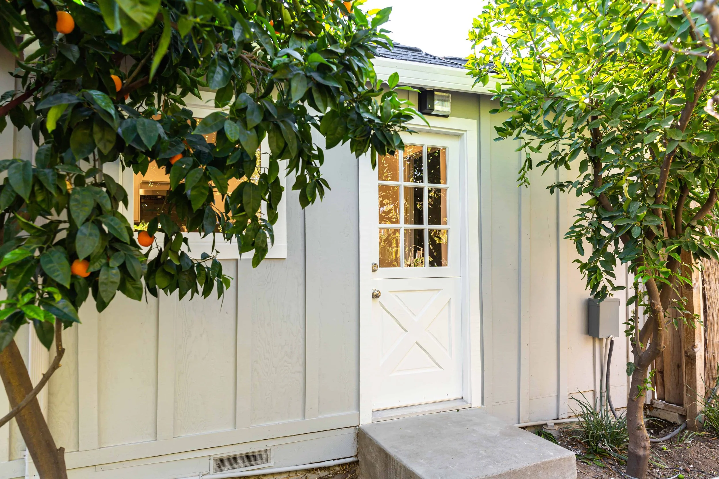 Close up of door to an ADU in San Jose surrounded by orange trees.