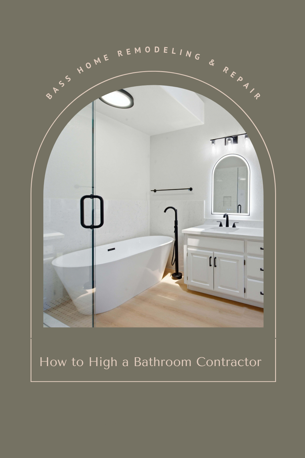 Bathroom shot through an archway template. Standalone tub and new cabinetry.
