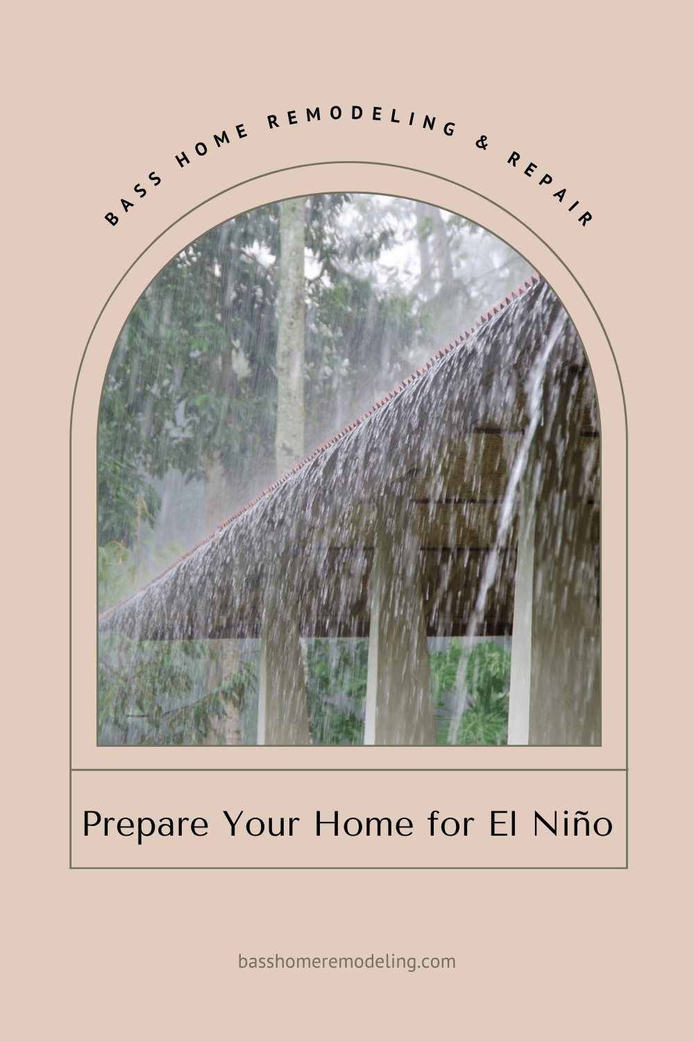 Peach colored background with the text "prepare your home for El Niño" and an image of rain